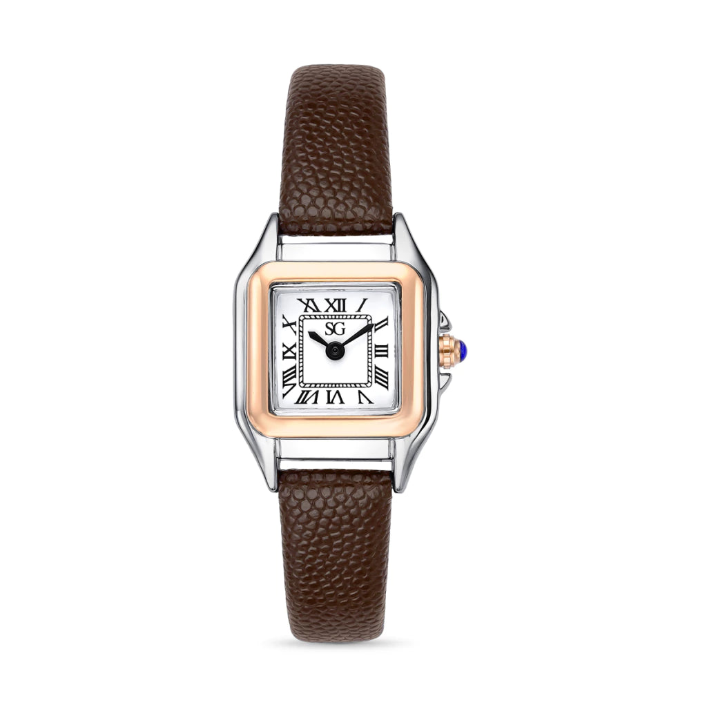 Relógio Feminino Quadrado Boxy Romain Pulseira Couro Marrom com Caixa Bicolor e Números Romanos