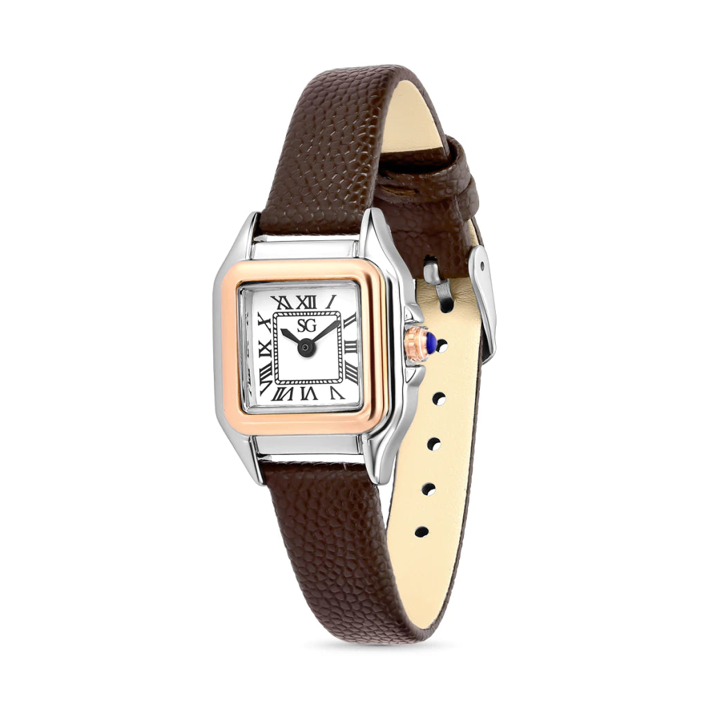 Relógio Feminino Quadrado Boxy Romain Pulseira Couro Marrom com Caixa Bicolor e Números Romanos