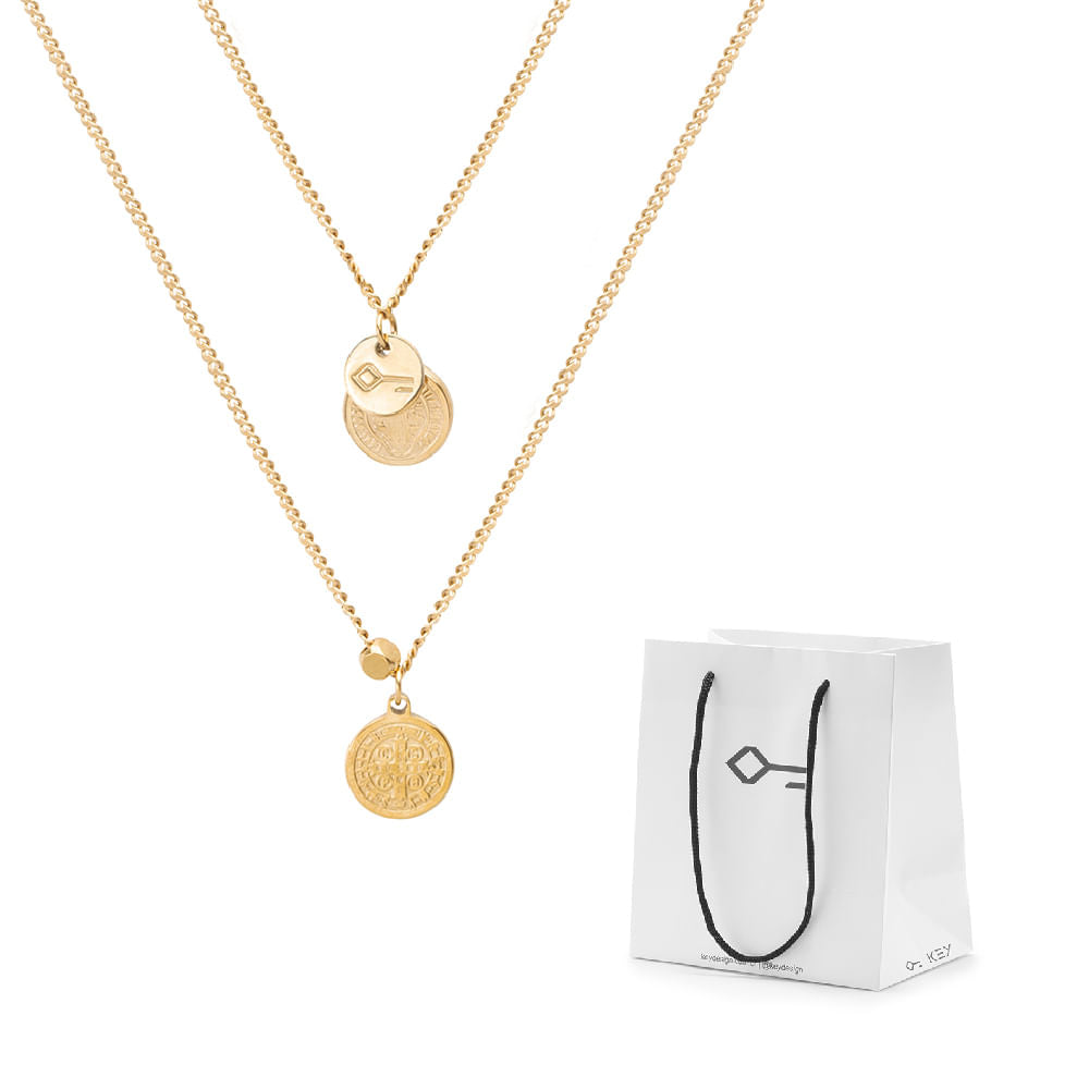 Kit Presente: Escapulário Disick de Aço Dourado + Sacola
