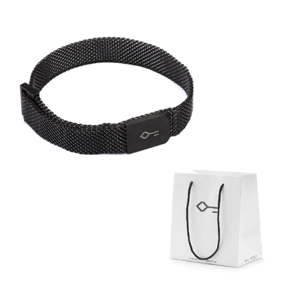 Pulseira Aco Malha De Aco Ima Preto Aj