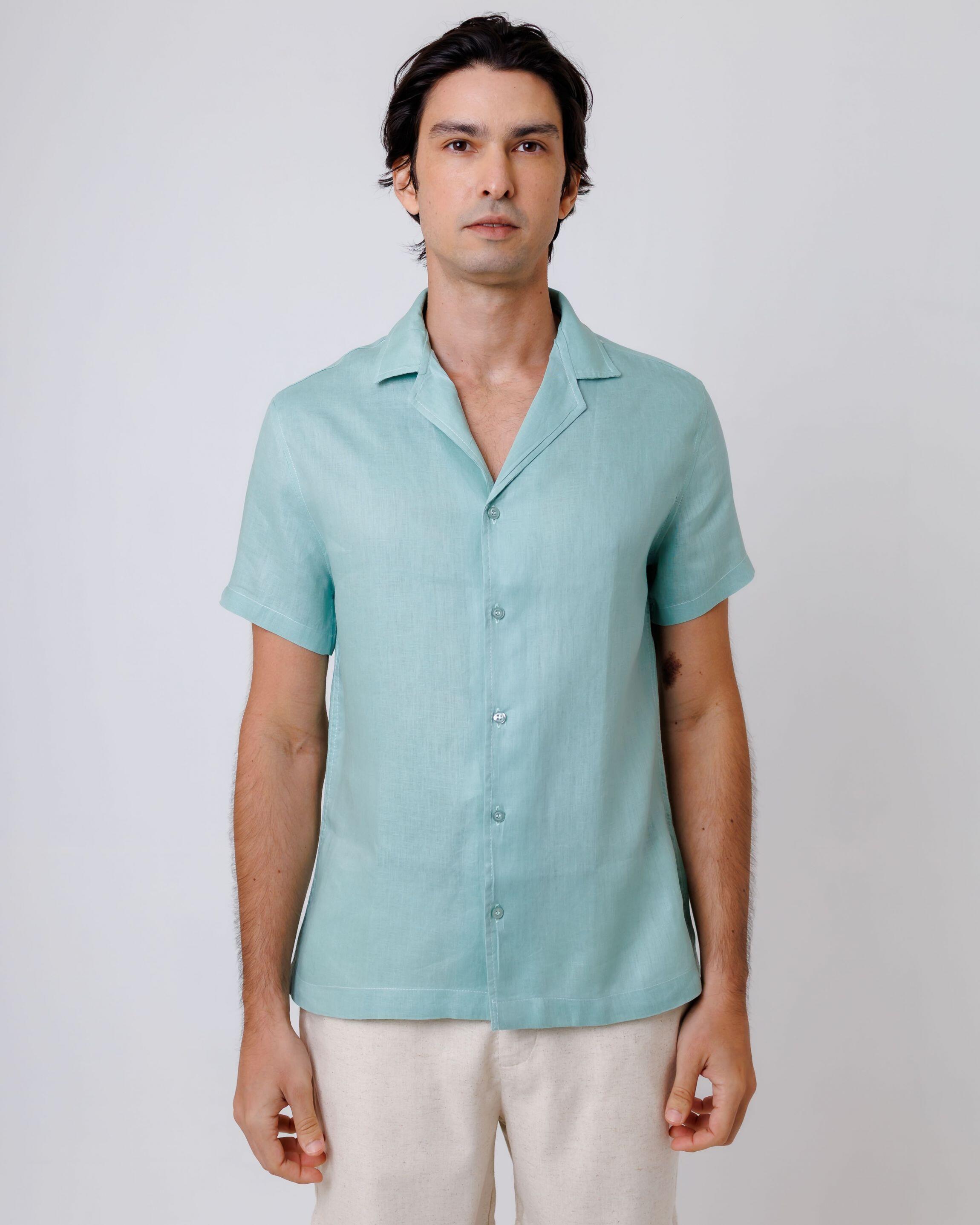 Camisa de Botão MC Cubana Puro Linho Mint