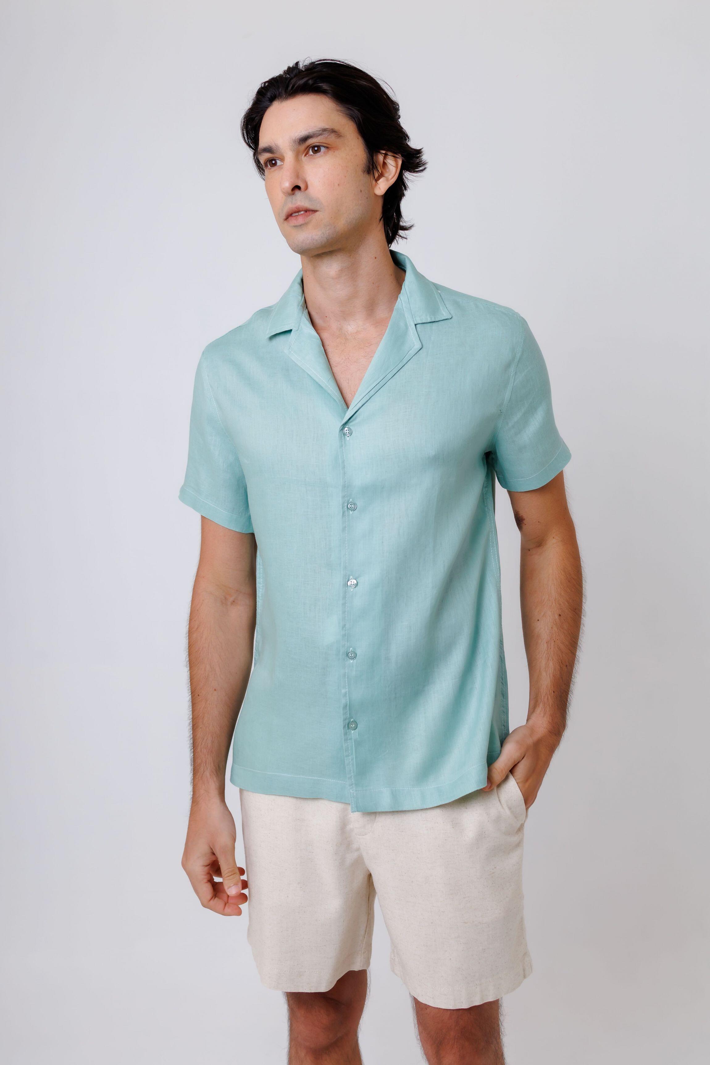 Camisa de Botão MC Cubana Puro Linho Mint