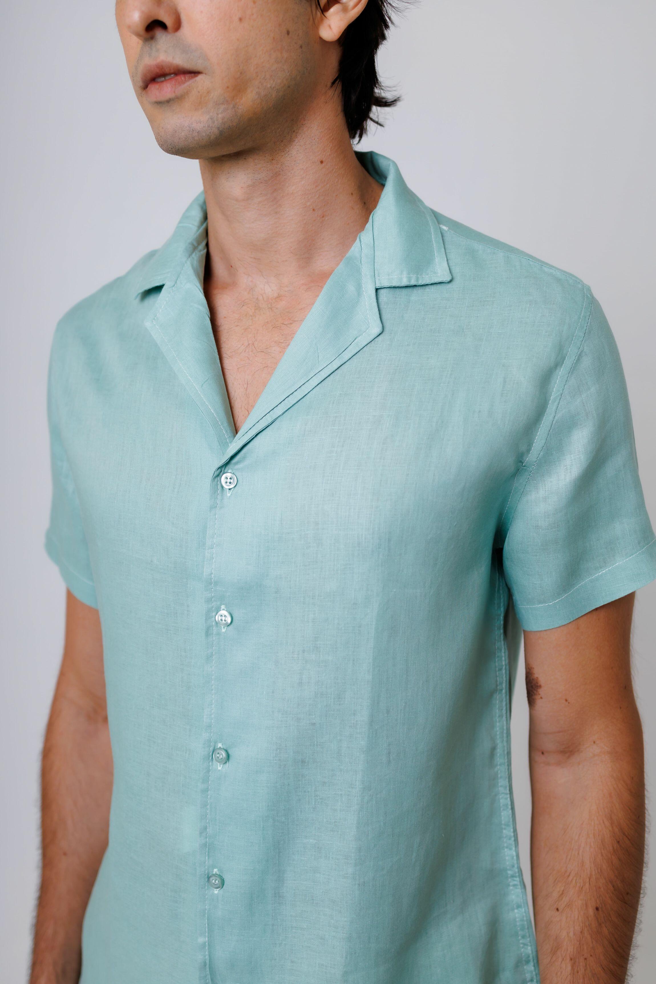 Camisa de Botão MC Cubana Puro Linho Mint