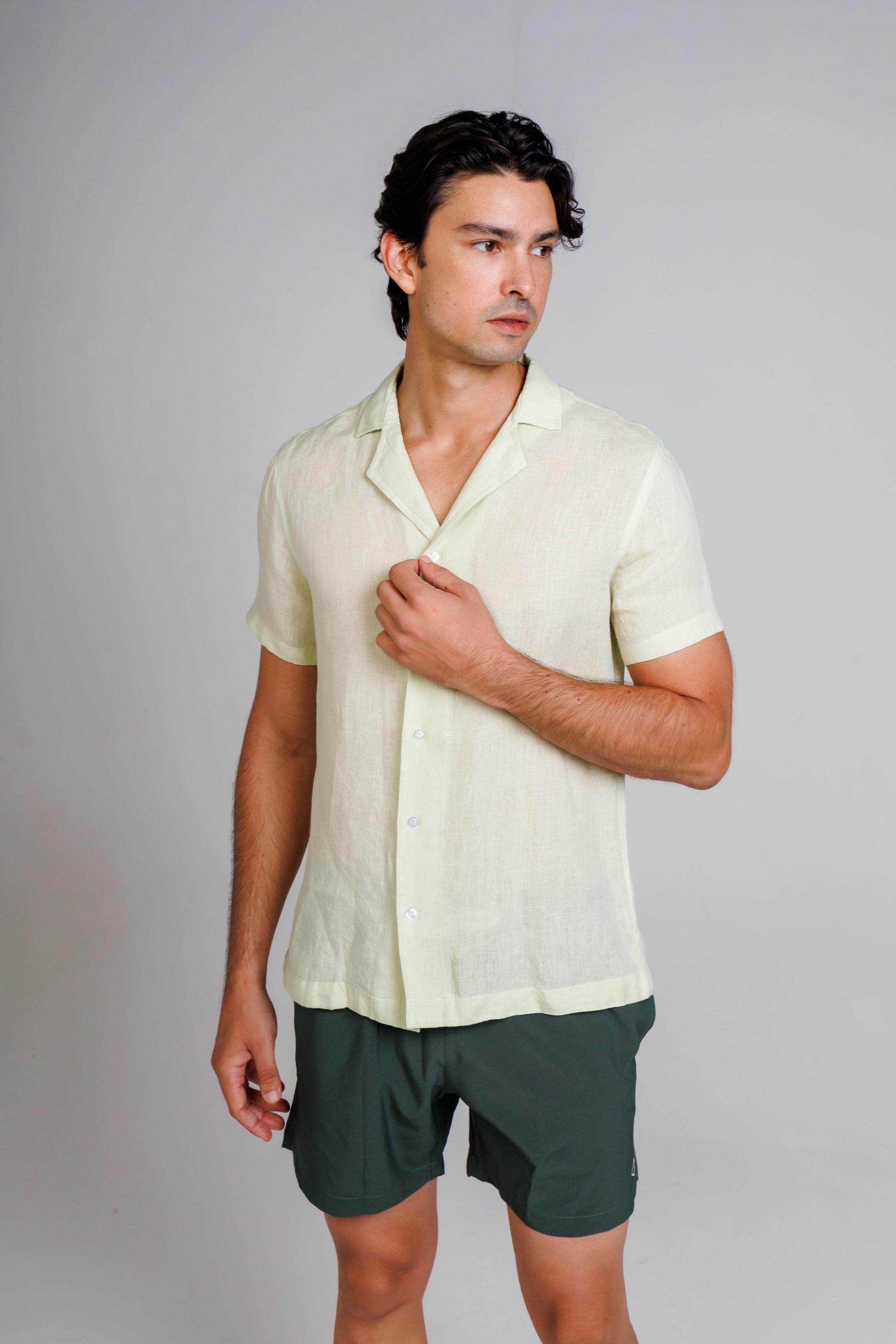 Camisa de Botão MC Cubana Puro Linho Acqua