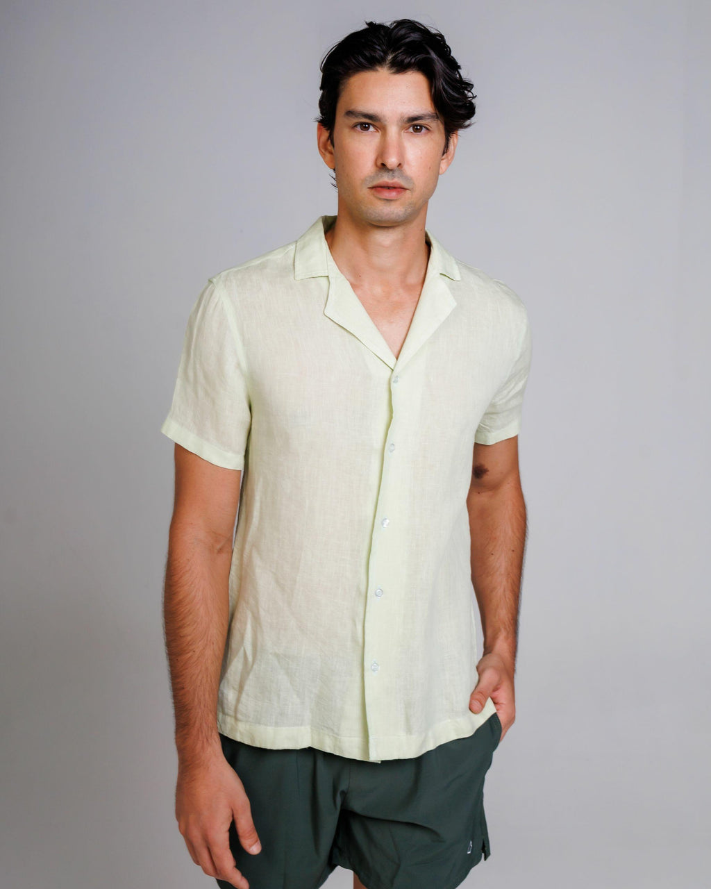 Camisa de Botão MC Cubana Puro Linho Acqua
