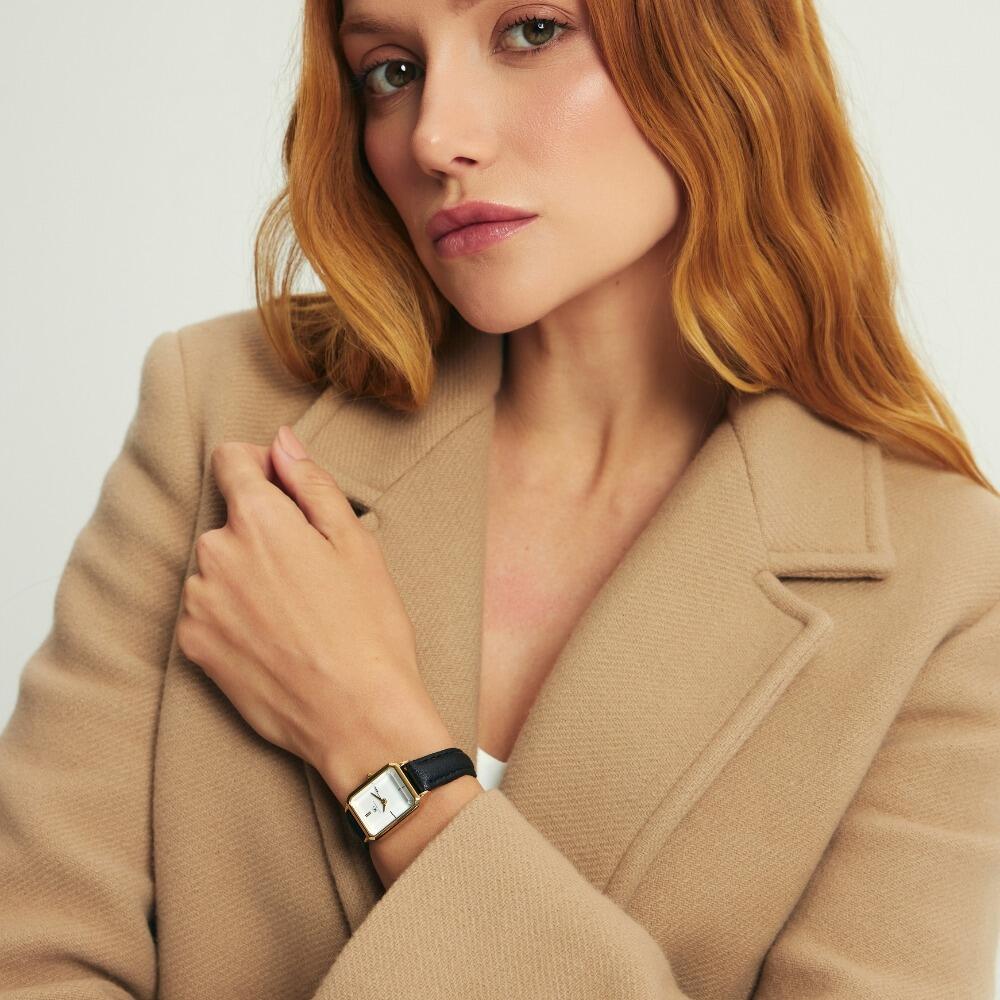 Relogio Feminino Retangular Octavia Couro Preto F. Preto Dourada 23mm