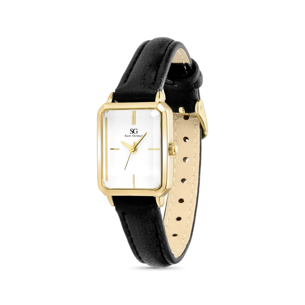Relogio Feminino Retangular Octavia Couro Preto F. Preto Dourada 23mm