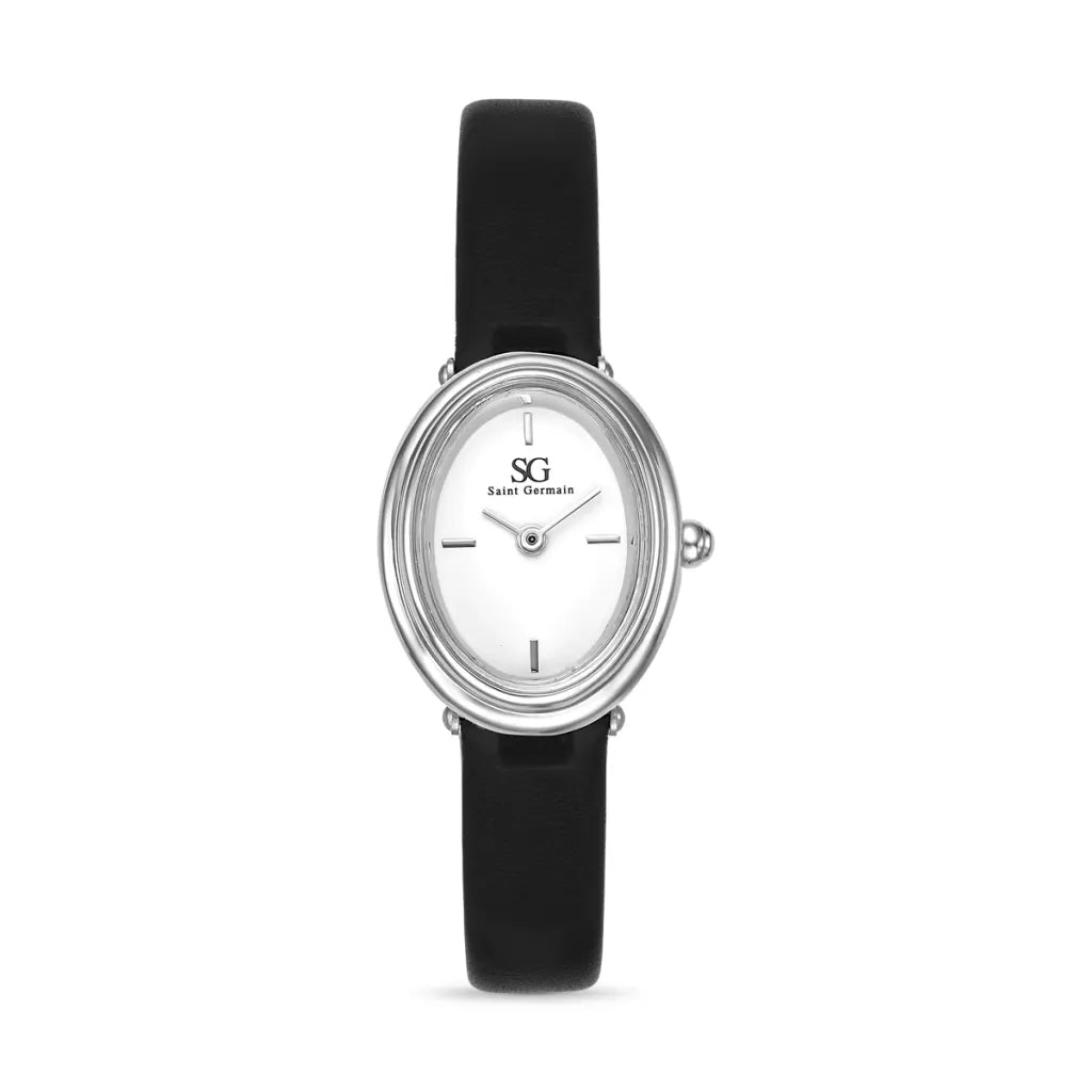 Relogio Feminino Oval Versailles Pulseira Couro Preto Cx Prata