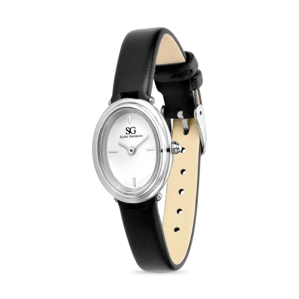 Relogio Feminino Oval Versailles Pulseira Couro Preto Cx Prata