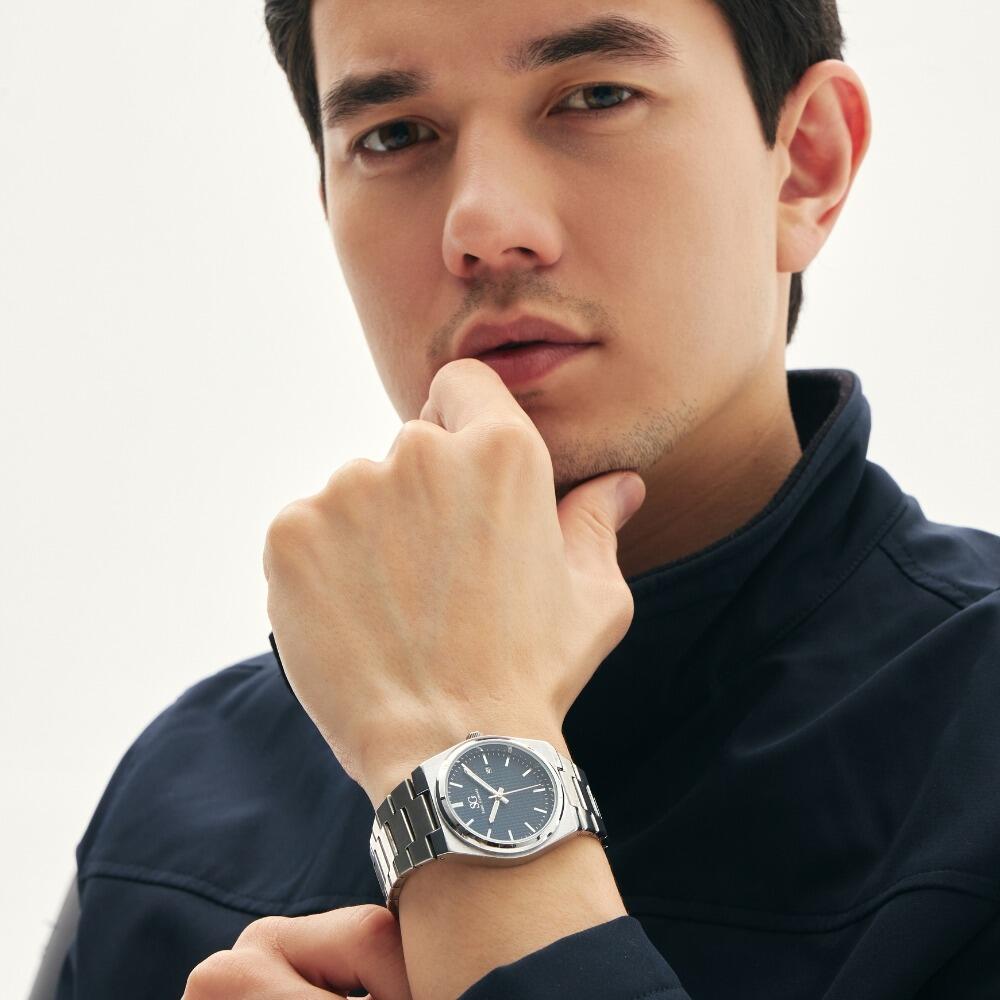 Relogio Masculino Quadrado Hudson Date Prata com Fundo Azul