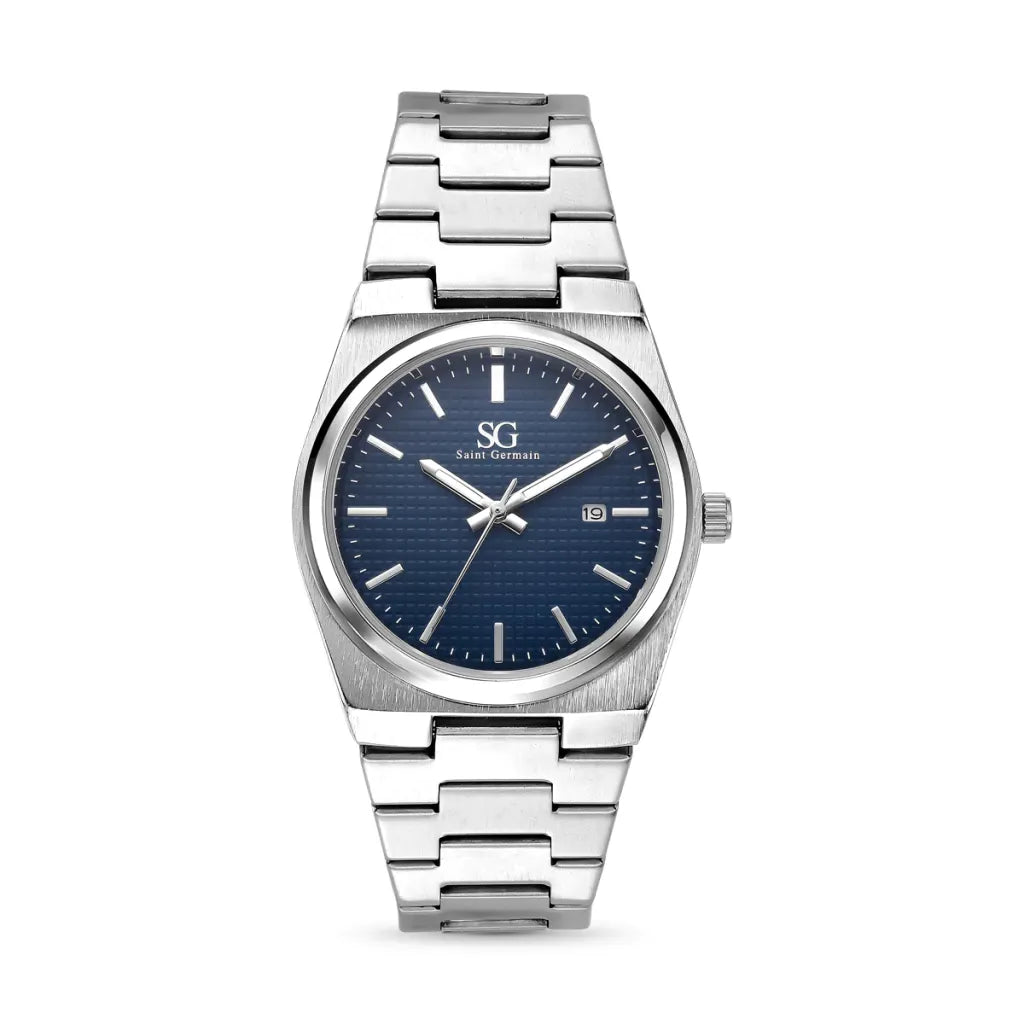 Relogio Masculino Quadrado Hudson Date Prata com Fundo Azul