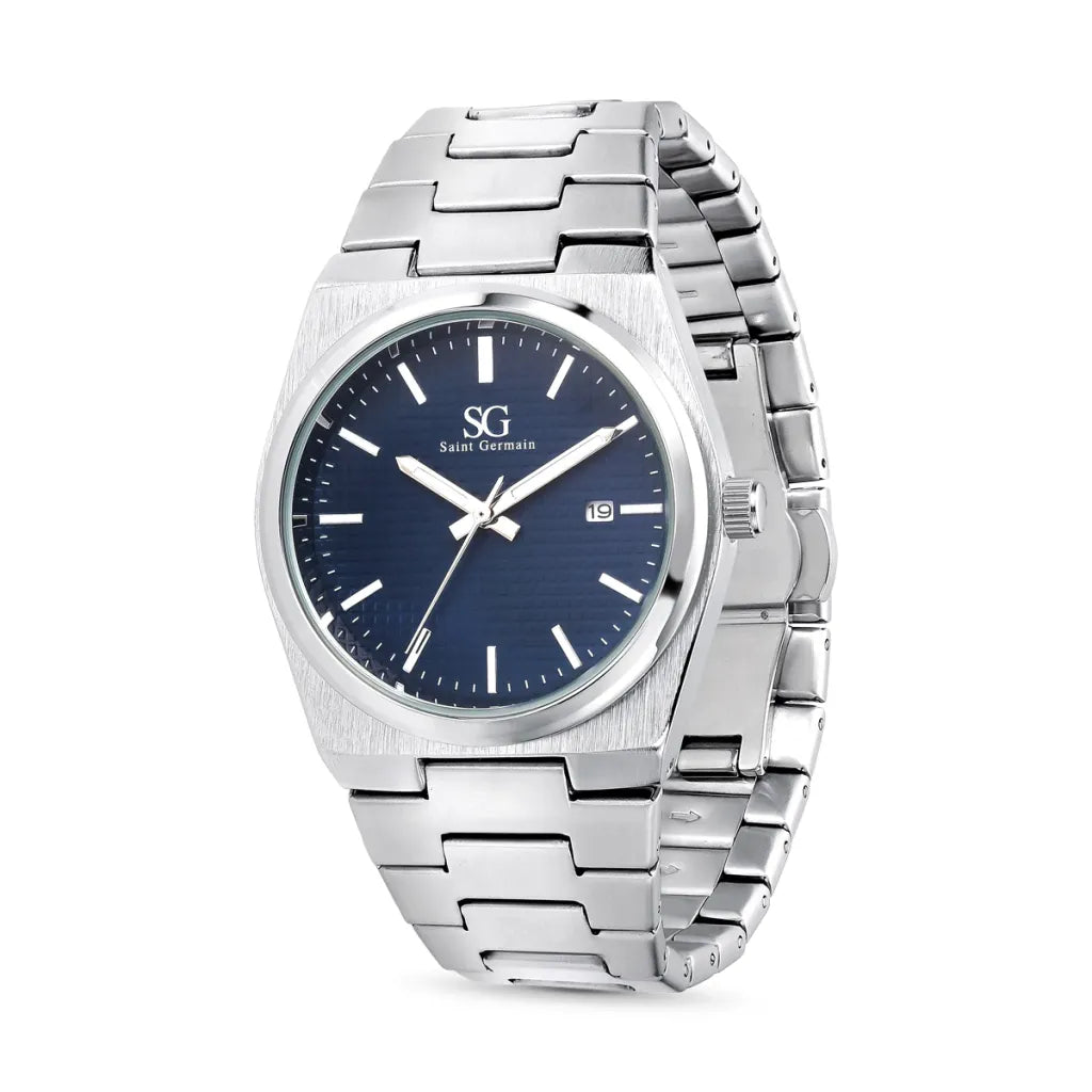 Relogio Masculino Quadrado Hudson Date Prata com Fundo Azul