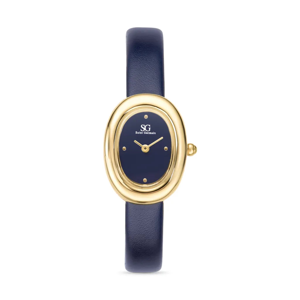 Relogio Feminino Oval Vintage Louvre Azul com Caixa Dourada