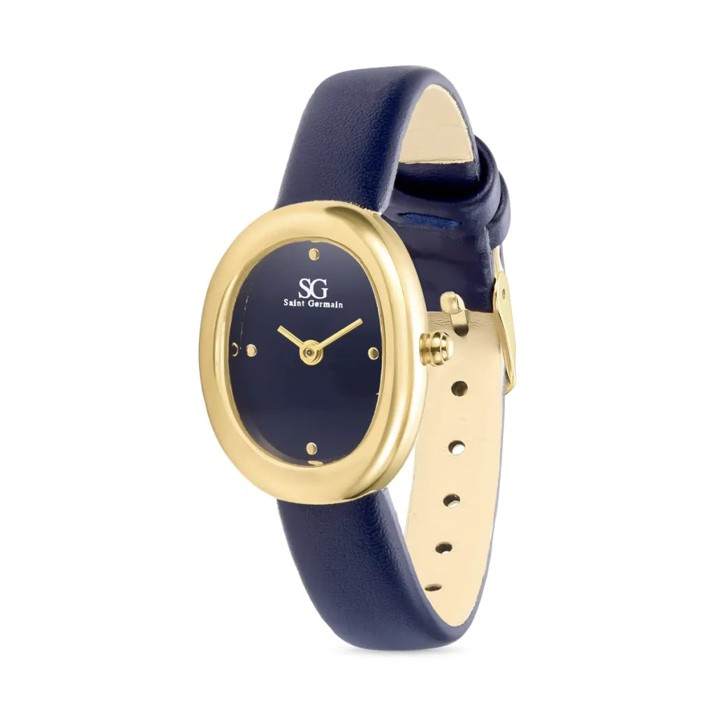 Relogio Feminino Oval Vintage Louvre Azul com Caixa Dourada