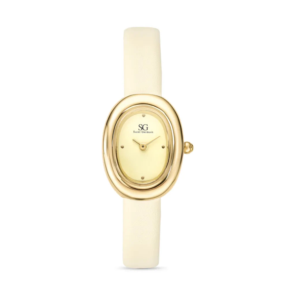 Relogio Feminino Oval Vintage Louvre Bege Caixa Dourada