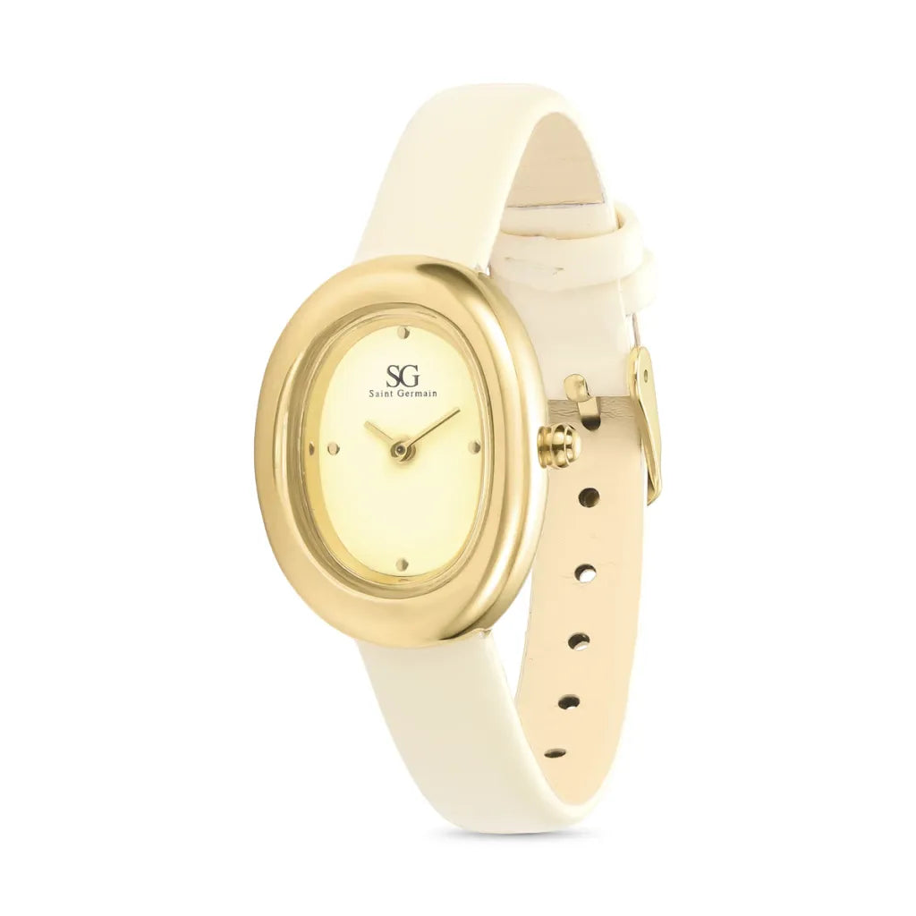 Relogio Feminino Oval Vintage Louvre Bege Caixa Dourada