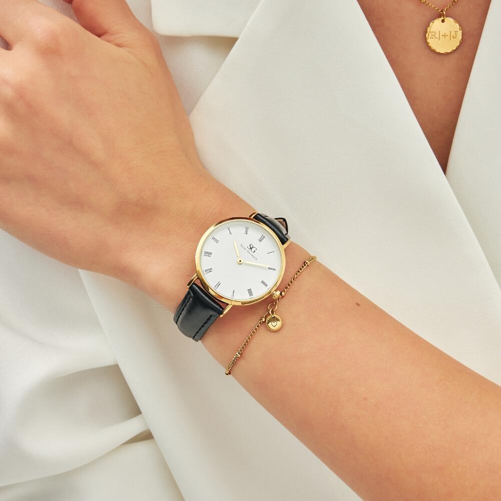 Relogio Feminino Murray Romain Dourado Pulseira de Couro Preta 32mm