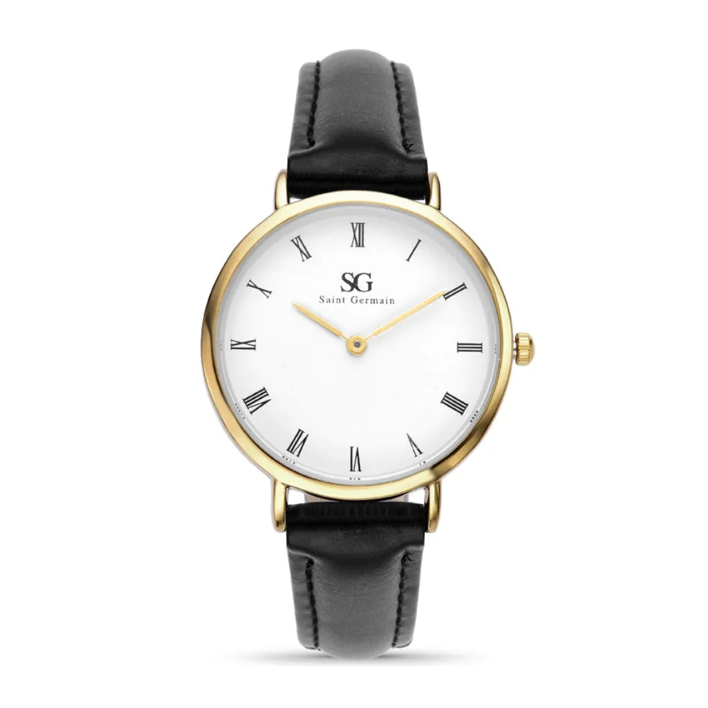 Relogio Feminino Murray Romain Dourado Pulseira de Couro Preta 32mm