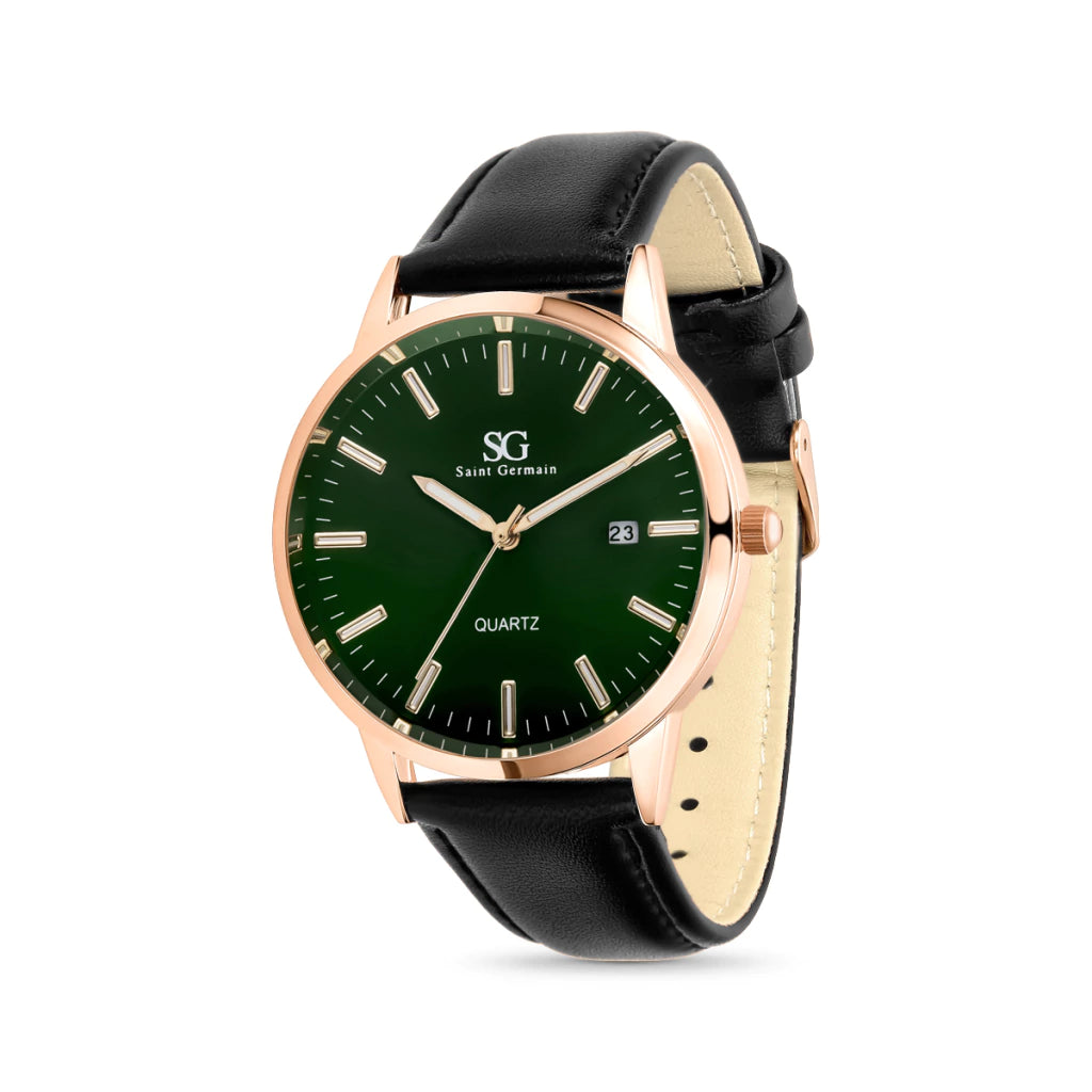 Relogio Masculino Belmont Date Rose Gold Couro Preto com Fundo Verde Esmeralda