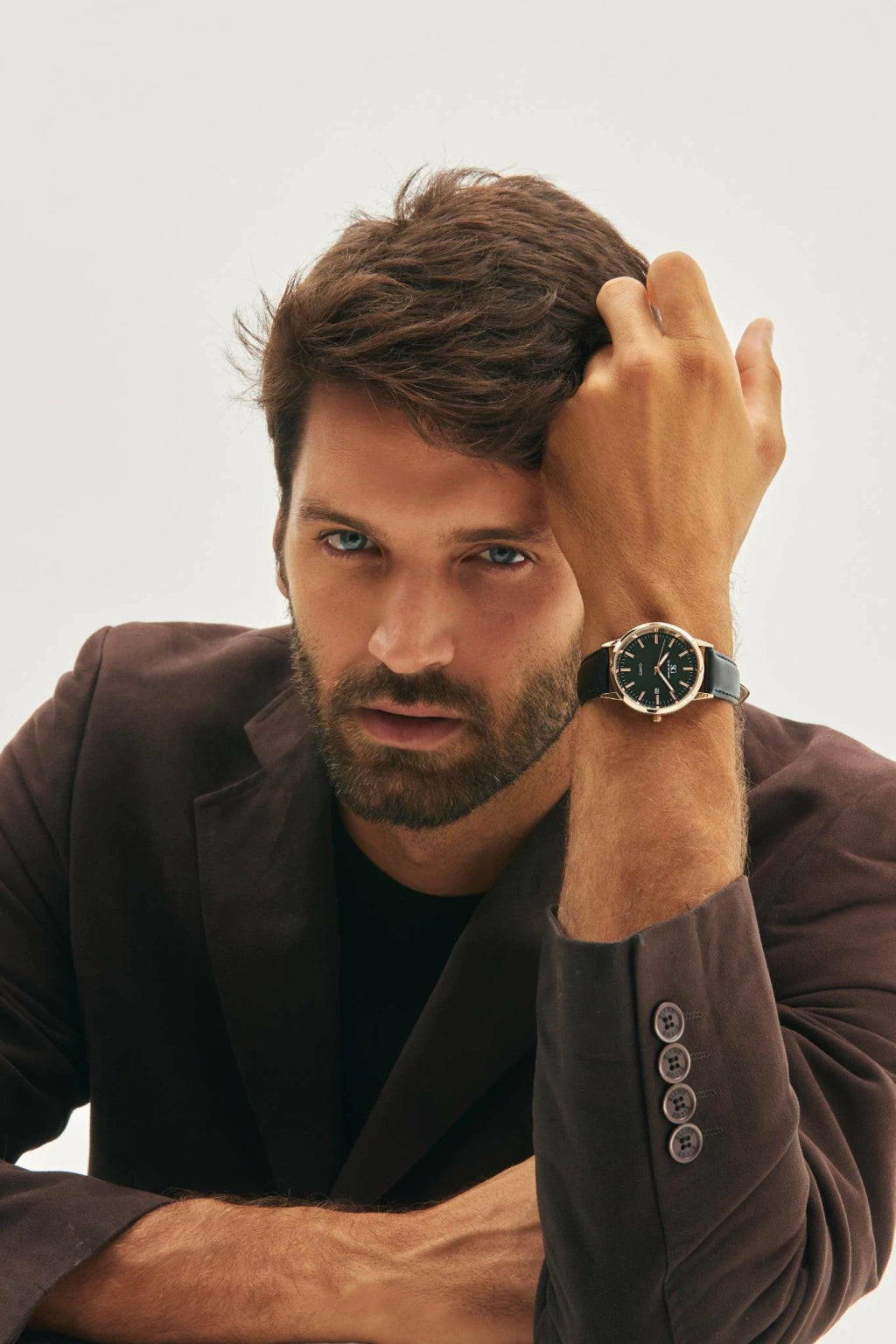 Relogio Masculino Belmont Date Rose Gold Couro Preto com Fundo Verde Esmeralda