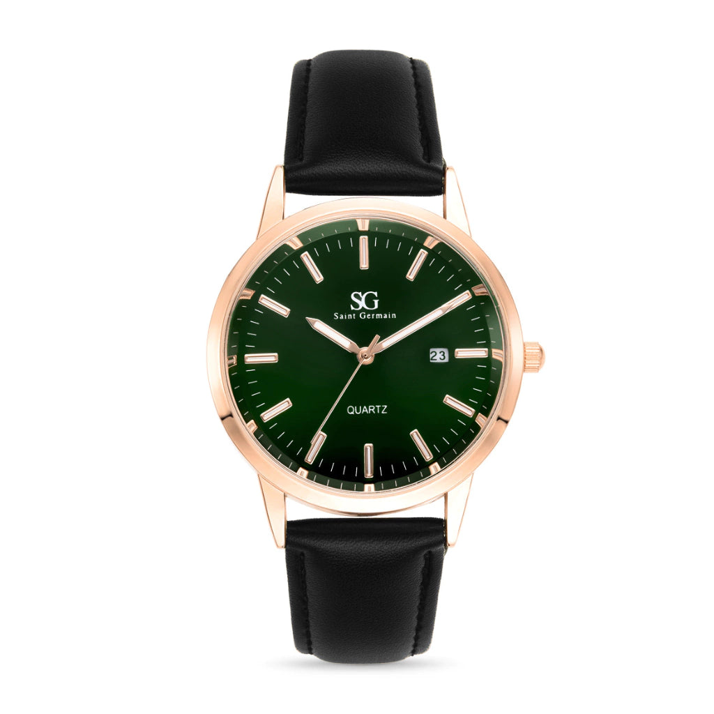 Relogio Masculino Belmont Date Rose Gold Couro Preto com Fundo Verde Esmeralda