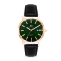 Relogio Masculino Belmont Date Rose Gold Couro Preto com Fundo Verde Esmeralda