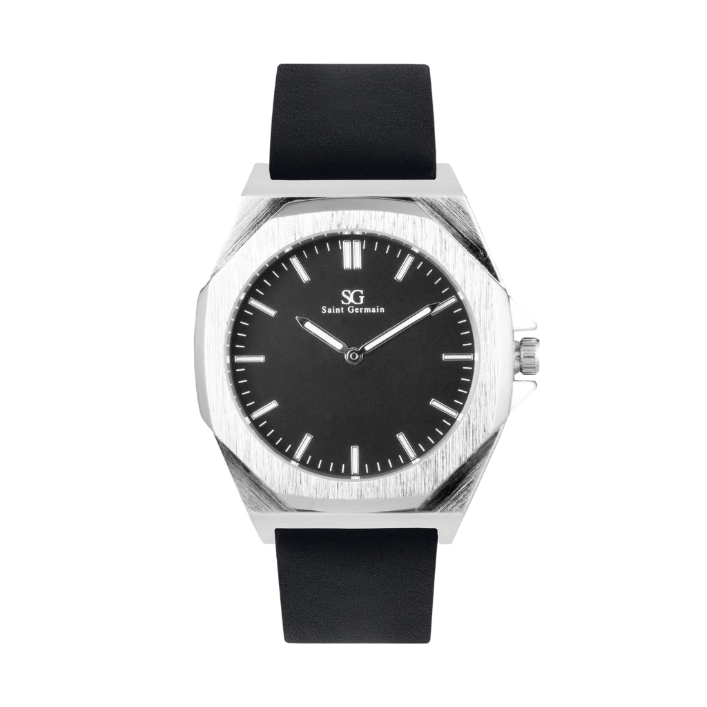 Relogio Masculino Hudson Murray Metal Prata Fundo Preto Pulseira de Couro Preta