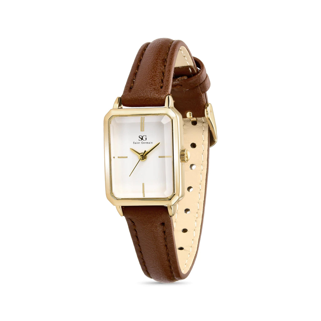 Relogio Feminino Retangular Octavia Couro Marrom e Caixa Dourada