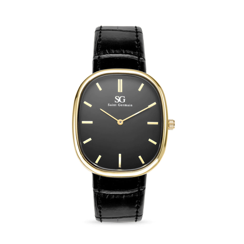 Relogio Minimalista Oval Croco Moncler com Fundo Preto e Pulseira de Couro Preto