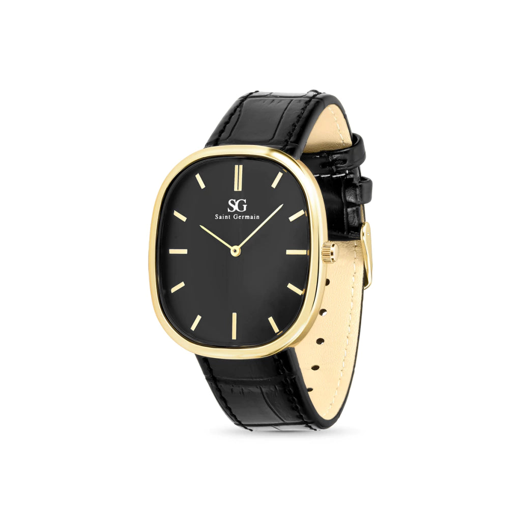 Relogio Minimalista Oval Croco Moncler com Fundo Preto e Pulseira de Couro Preto