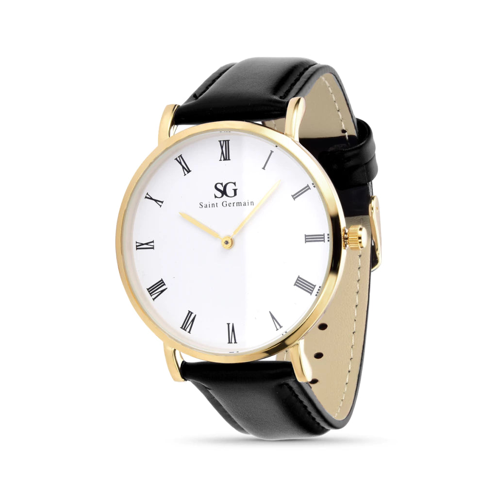 Relogio Masculino Murray Gold Pulseira de Couro Preta Caixa Dourada Fundo Preto