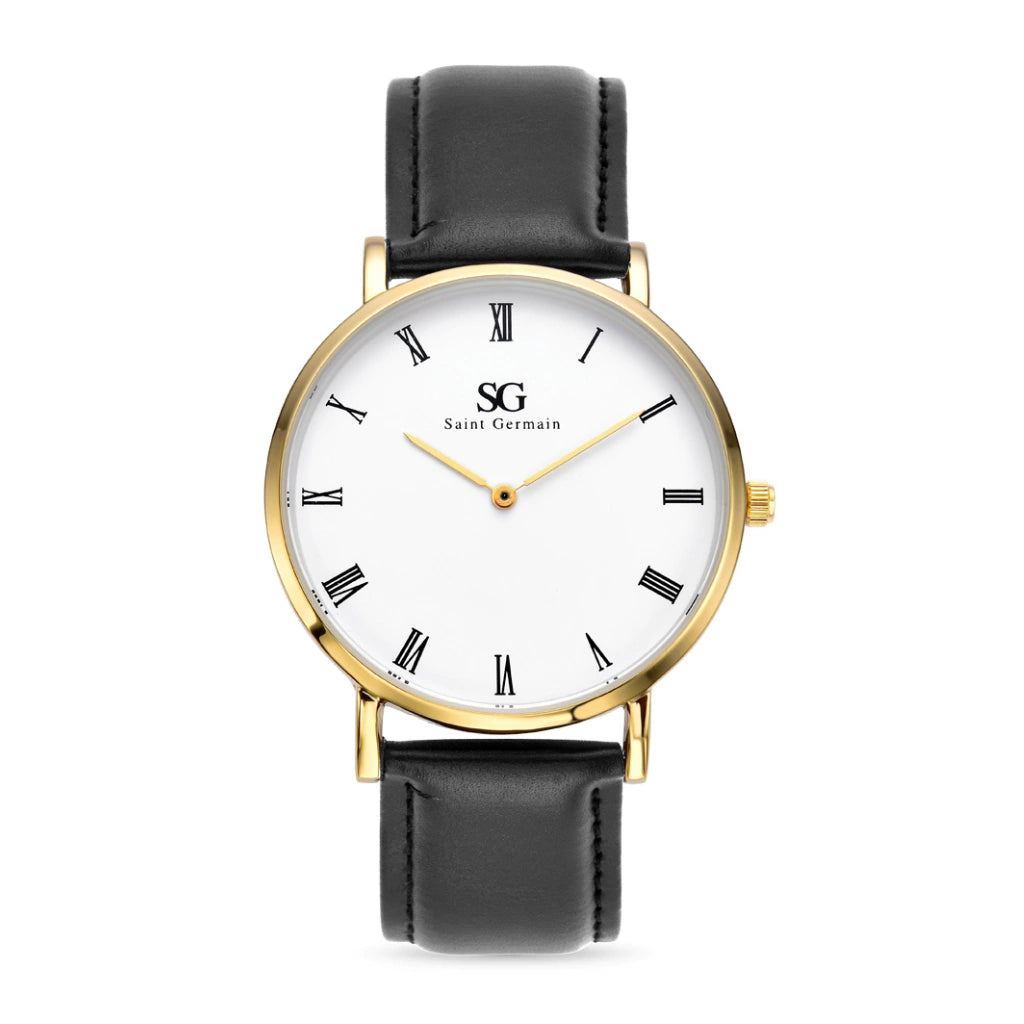 Relogio Masculino Murray Gold Pulseira de Couro Preta Caixa Dourada Fundo Preto