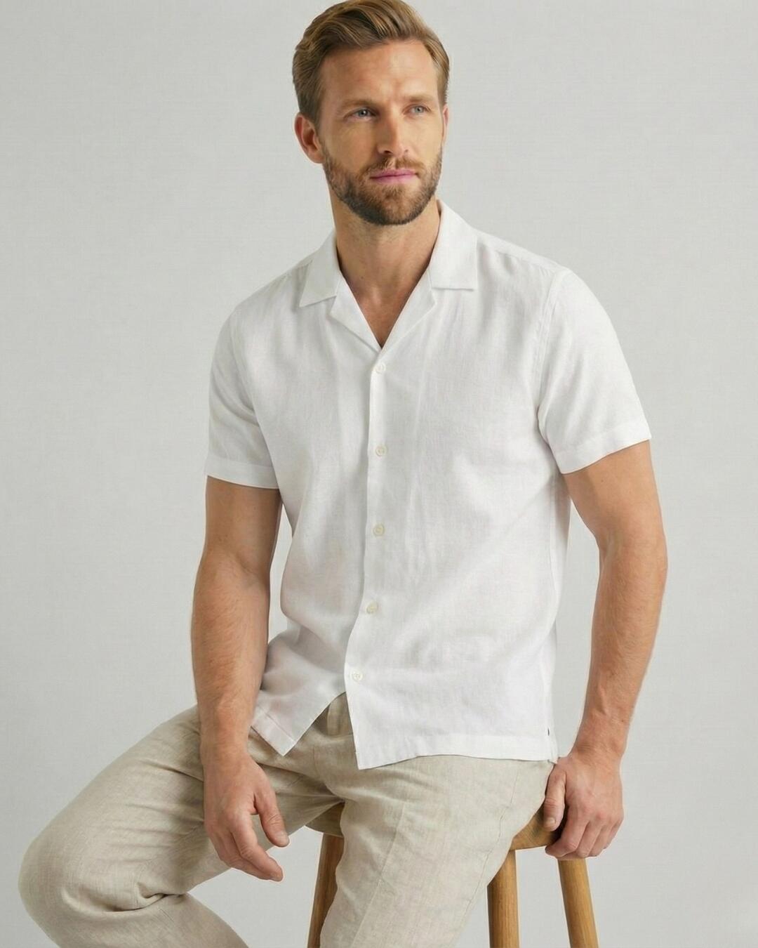 Camisa de Botão MC Cubana Puro Linho Ivory