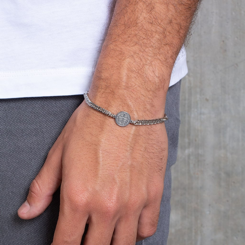 Pulseira Aco Corrente Amuleto Niquel