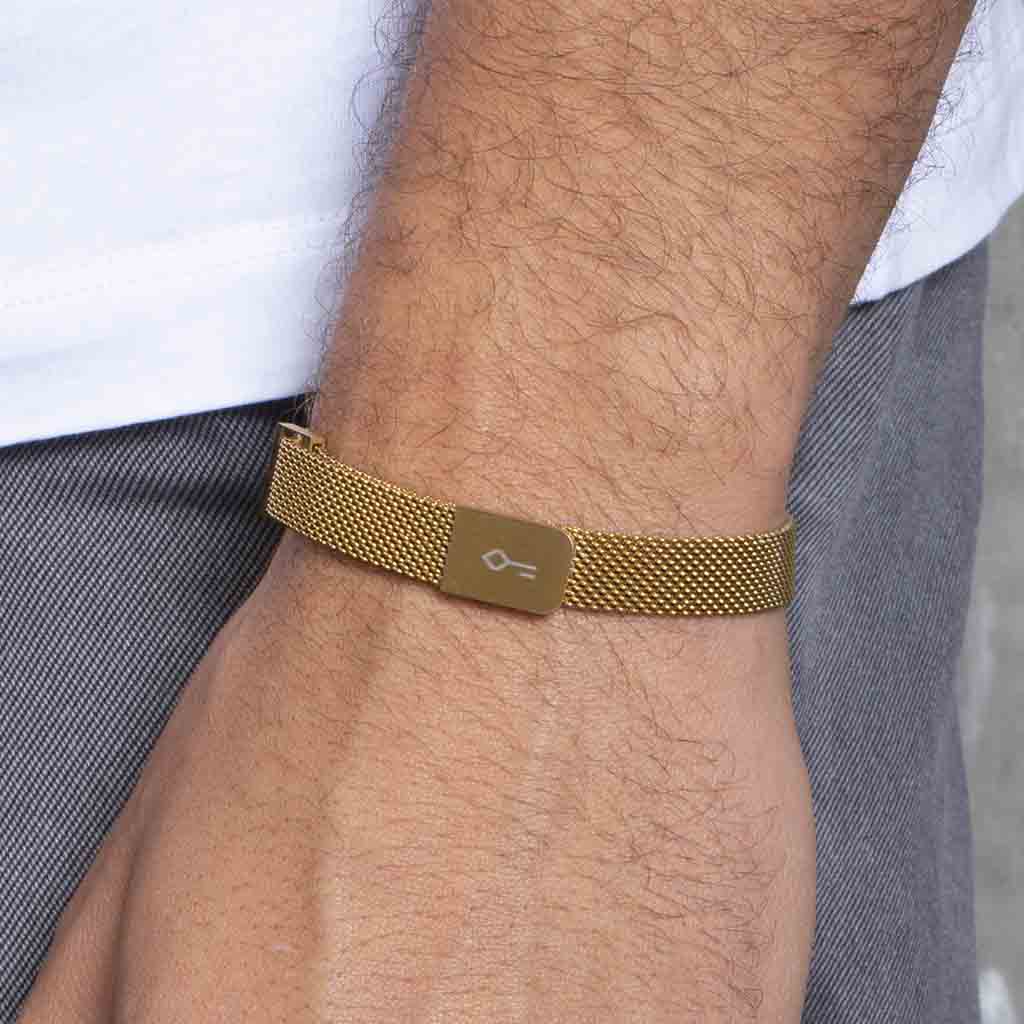 Pulseira Aco Malha De Aco Ima Dourado Aj