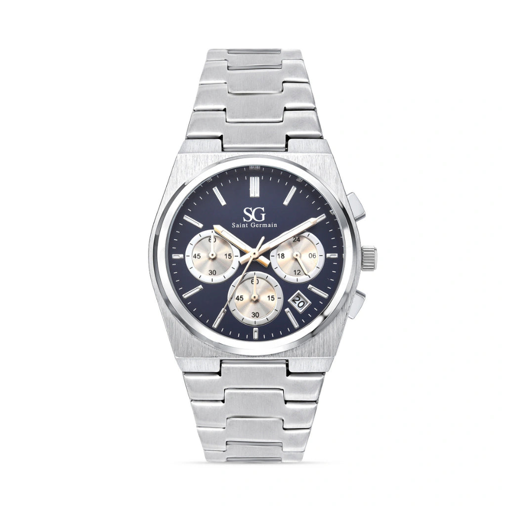 Relógio Masculino Hudson Chrono com Fundo Azul e Pulseira Prata